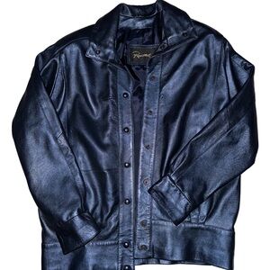 Vintage Navy Metallic leather button up jacket. Y2K navy leather bomber jacket